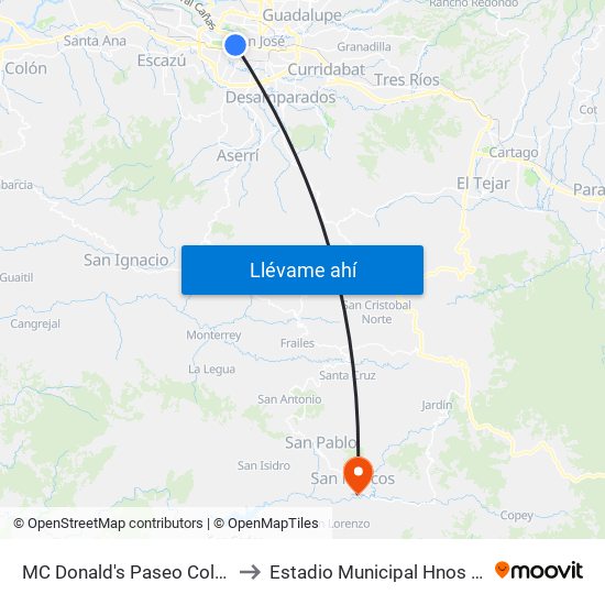 MC Donald's Paseo Colón, San José to Estadio Municipal Hnos Umaña Parra map