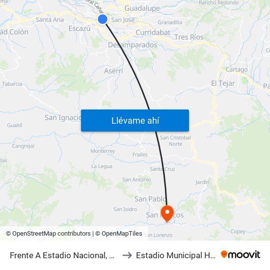 Frente A Estadio Nacional, Sabana Norte San José to Estadio Municipal Hnos Umaña Parra map