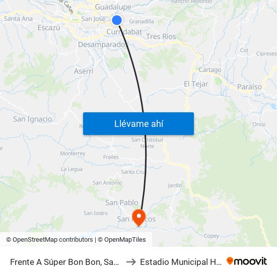 Frente A Súper Bon Bon, San Pedro Montes De Oca to Estadio Municipal Hnos Umaña Parra map