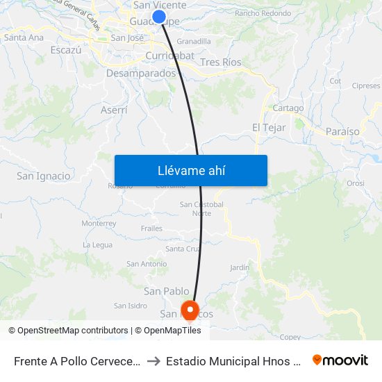 Frente A Pollo Cervecero, Moravia to Estadio Municipal Hnos Umaña Parra map