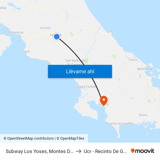 Subway Los Yoses, Montes De Oca to Ucr - Recinto De Golfito map
