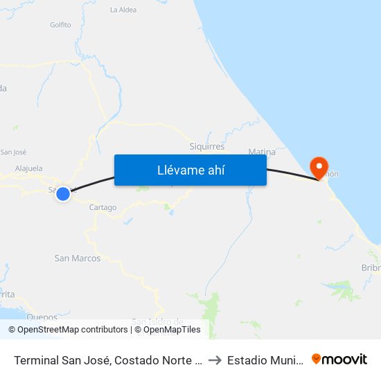 Terminal San José, Costado Norte Oficinas Ministerio De Hacienda to Estadio Municipal De Limón map