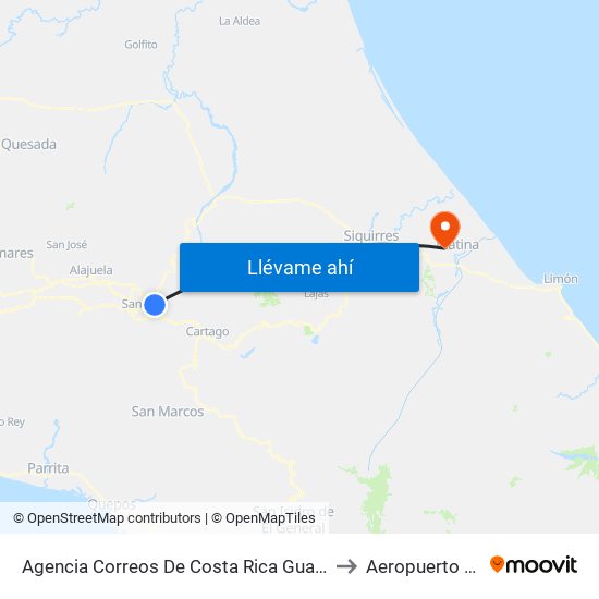 Agencia Correos De Costa Rica Guadalupe, Goicoechea to Aeropuerto De Batán map