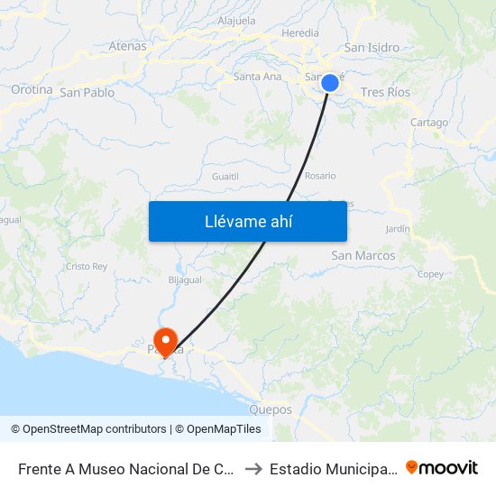 Frente A  Museo Nacional De Costa Rica, San José to Estadio Municipal De Parrrita map