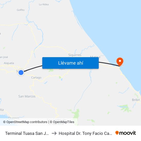 Terminal Tuasa San José to Hospital Dr. Tony Facio Castro map