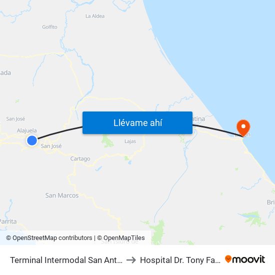 Terminal Intermodal San Antonio De Belén to Hospital Dr. Tony Facio Castro map