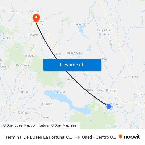 Terminal De Buses La Fortuna, Contiguo A Megasuper La Fortuna to Uned - Centro Universitario Upala map