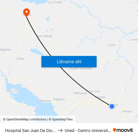 Hospital San Juan De Dios, San José to Uned - Centro Universitario Upala map