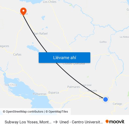 Subway Los Yoses, Montes De Oca to Uned - Centro Universitario Upala map