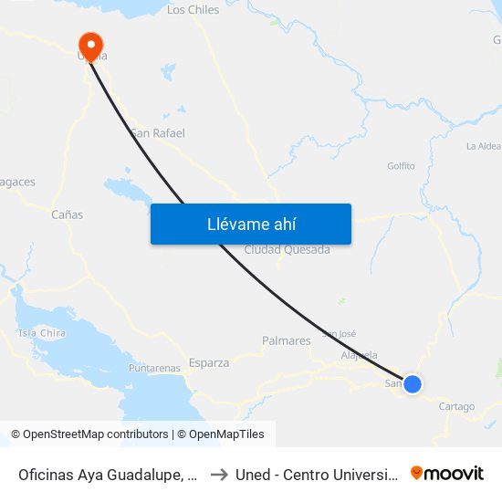Oficinas Aya Guadalupe, Goicoechea to Uned - Centro Universitario Upala map