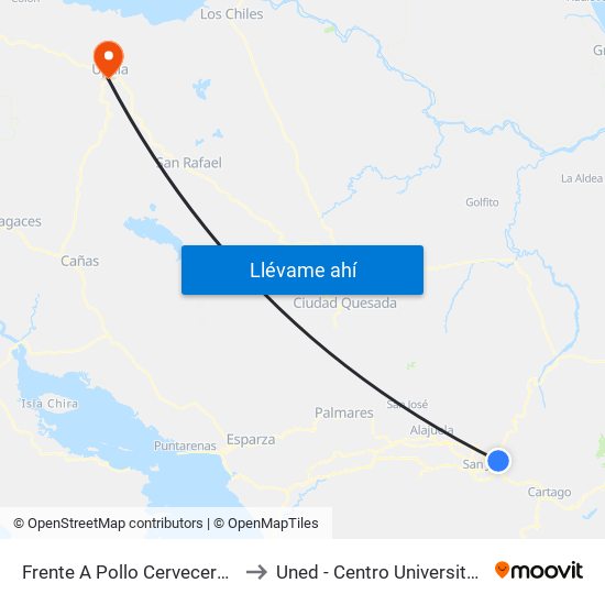 Frente A Pollo Cervecero, Moravia to Uned - Centro Universitario Upala map