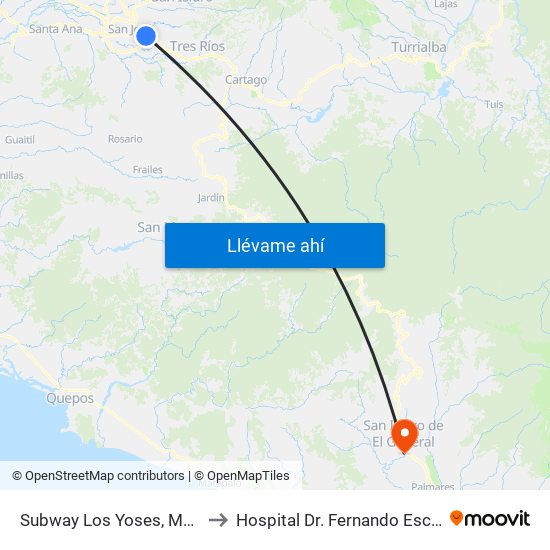 Subway Los Yoses, Montes De Oca to Hospital Dr. Fernando Escalante Pradilla map