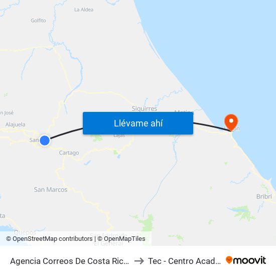 Agencia Correos De Costa Rica Guadalupe, Goicoechea to Tec - Centro Académico De Limón map