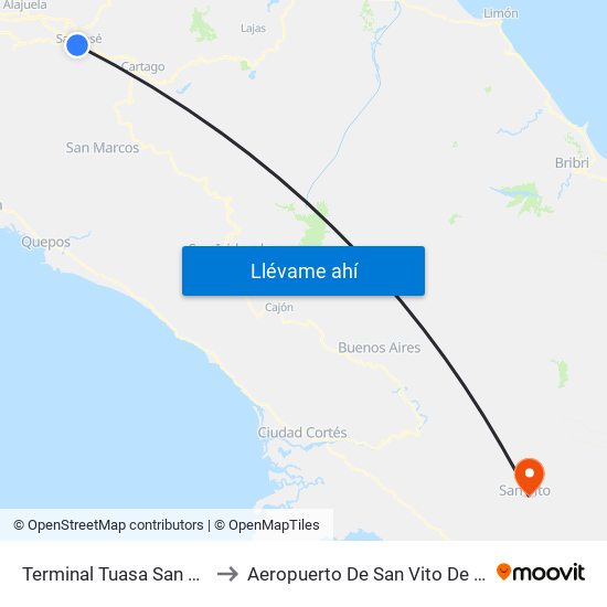 Terminal Tuasa San José to Aeropuerto De San Vito De Java map