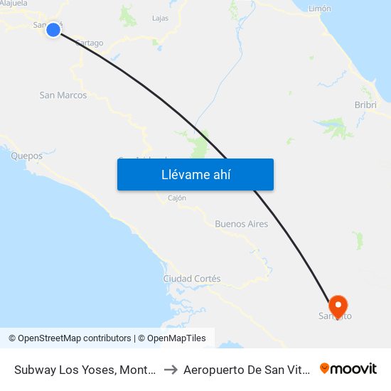 Subway Los Yoses, Montes De Oca to Aeropuerto De San Vito De Java map