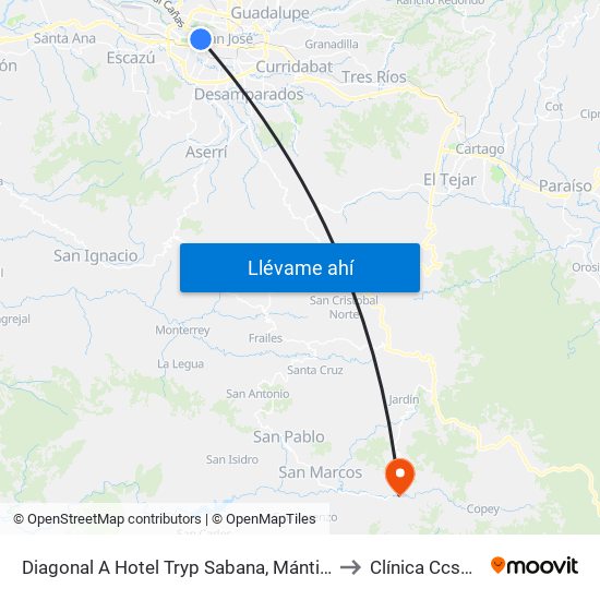Diagonal A Hotel Tryp Sabana, Mántica San José to Clínica Ccss Dota map