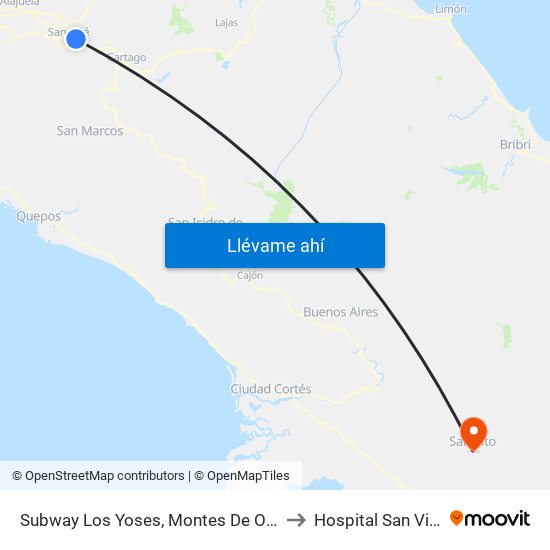 Subway Los Yoses, Montes De Oca to Hospital San Vito map