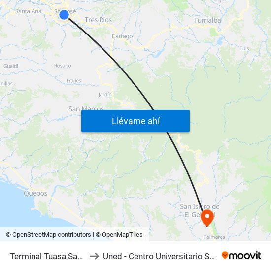 Terminal Tuasa San José to Uned - Centro Universitario San Isidro map