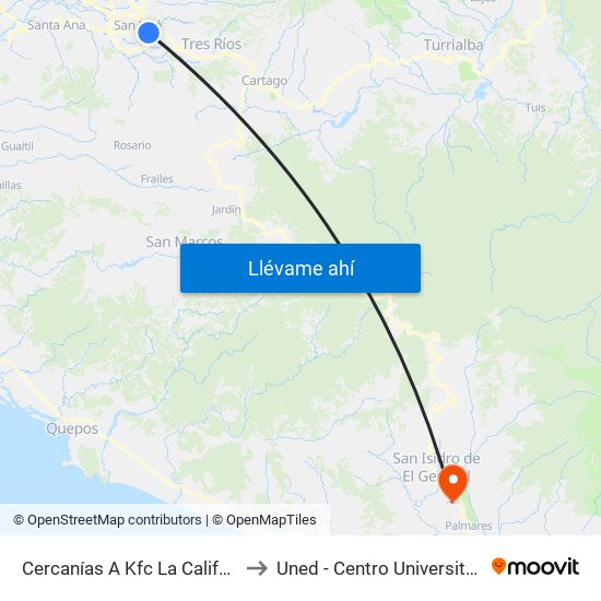 Cercanías A Kfc La California, San José to Uned - Centro Universitario San Isidro map