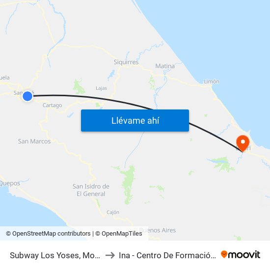Subway Los Yoses, Montes De Oca to Ina - Centro De Formación Talamanca map