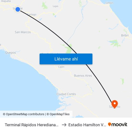 Terminal Rápidos Heredianaos, San José to Estadio Hamilton Villalobos map