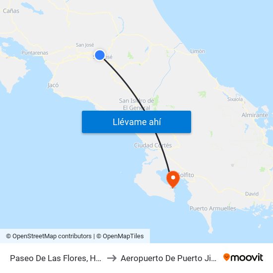 Paseo De Las Flores, Heredia to Aeropuerto De Puerto Jiménez map