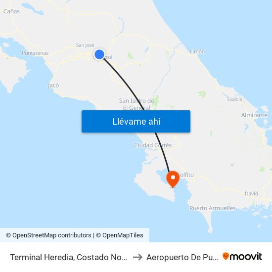 Terminal Heredia, Costado Norte Mercado Heredia to Aeropuerto De Puerto Jiménez map