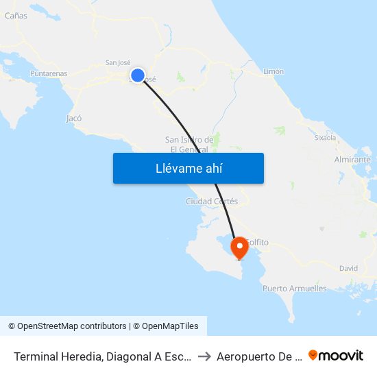 Terminal Heredia, Diagonal A Escuela Braulio Morales Cervantes to Aeropuerto De Puerto Jiménez map