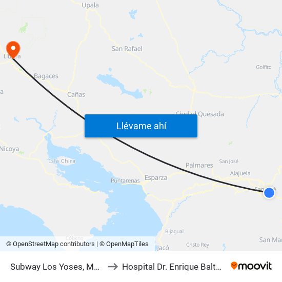 Subway Los Yoses, Montes De Oca to Hospital Dr. Enrique Baltodano Briceño map