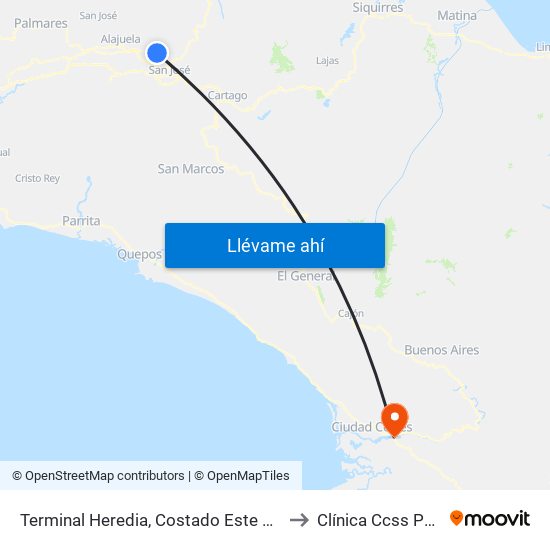 Terminal Heredia, Costado Este Parque El Carmén to Clínica Ccss Palmar Sur map