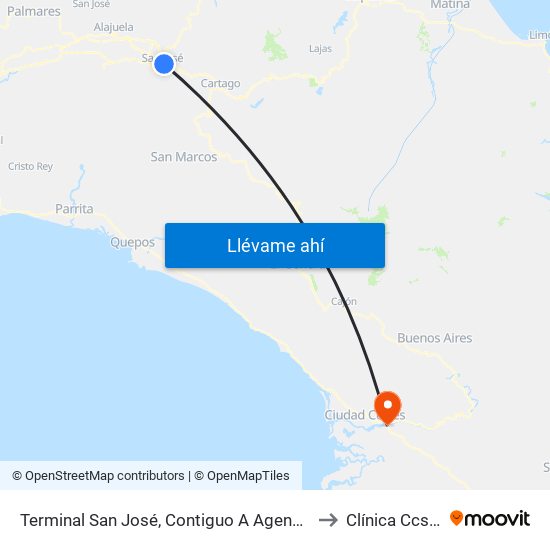 Terminal San José, Contiguo A Agencia Western Union Avenida Segunda to Clínica Ccss Palmar Sur map