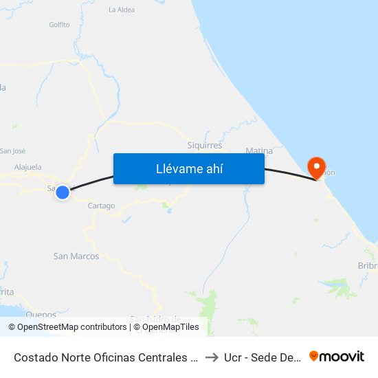 Costado Norte Oficinas Centrales Ccss, San José to Ucr - Sede Del Caribe map