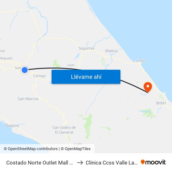 Costado Norte Outlet Mall San Pedro, Montes De Oca to Clínica Ccss Valle La Estrella - La Fortuna map