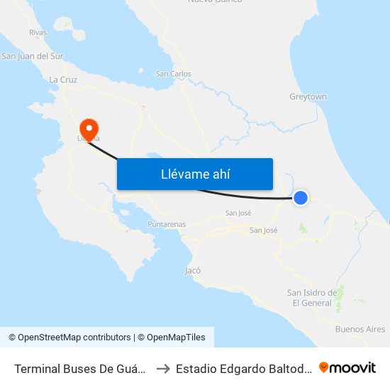 Terminal Buses De Guápiles, Pococí to Estadio Edgardo Baltodano Briceño map