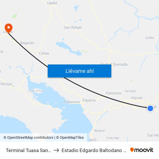 Terminal Tuasa San José to Estadio Edgardo Baltodano Briceño map