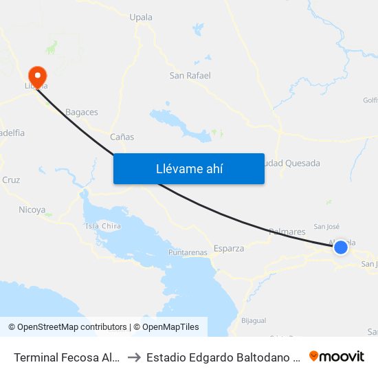 Terminal Fecosa Alajuela to Estadio Edgardo Baltodano Briceño map