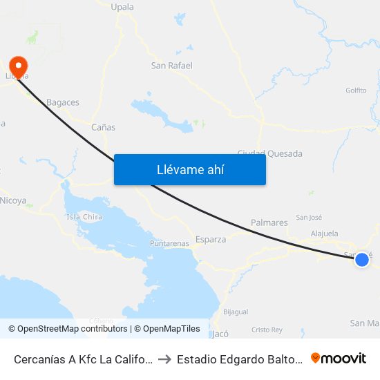 Cercanías A Kfc La California, San José to Estadio Edgardo Baltodano Briceño map