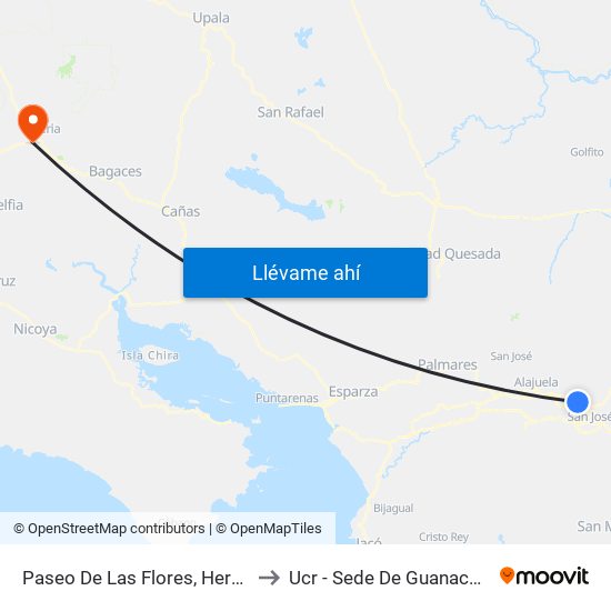 Paseo De Las Flores, Heredia to Ucr - Sede De Guanacaste map