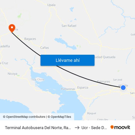 Terminal Autobusera Del Norte, Radial Francisco J. Orlich Alajuela to Ucr - Sede De Guanacaste map