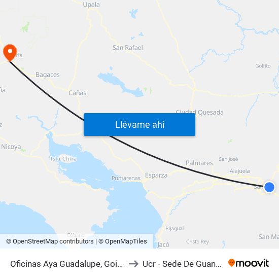 Oficinas Aya Guadalupe, Goicoechea to Ucr - Sede De Guanacaste map