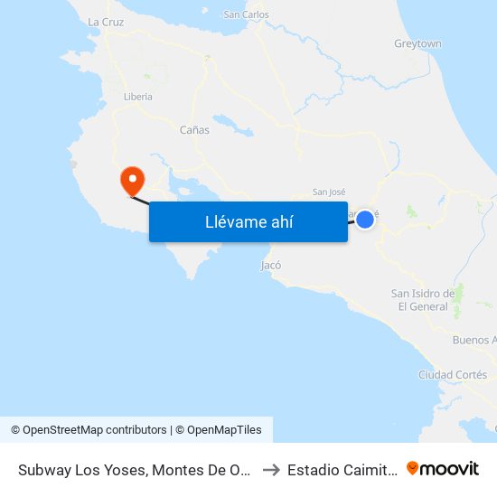 Subway Los Yoses, Montes De Oca to Estadio Caimital map