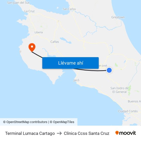 Terminal Lumaca Cartago to Clínica Ccss Santa Cruz map
