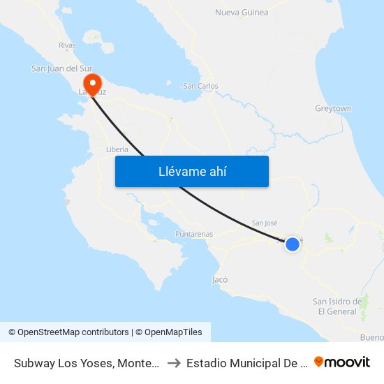 Subway Los Yoses, Montes De Oca to Estadio Municipal De La Cruz map