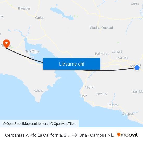 Cercanías A Kfc La California, San José to Una - Campus Nicoya map
