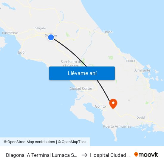 Diagonal A Terminal Lumaca San José to Hospital Ciudad Neily map