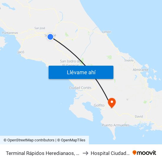 Terminal Rápidos Heredianaos, San José to Hospital Ciudad Neily map