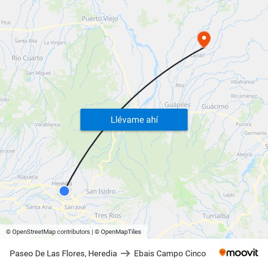 Paseo De Las Flores, Heredia to Ebais Campo Cinco map