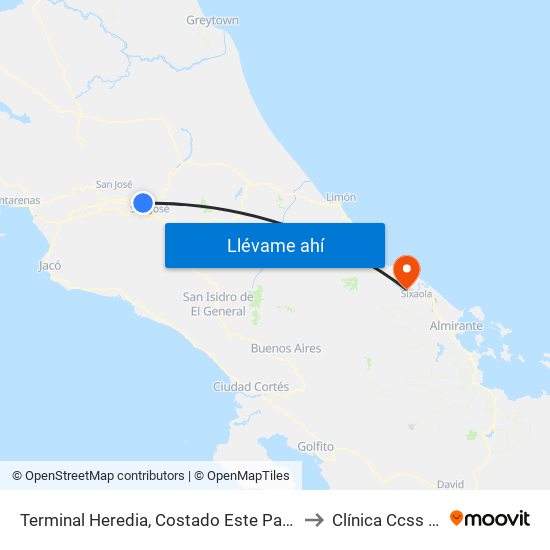 Terminal Heredia, Costado Este Parque El Carmén to Clínica Ccss Sixaola map