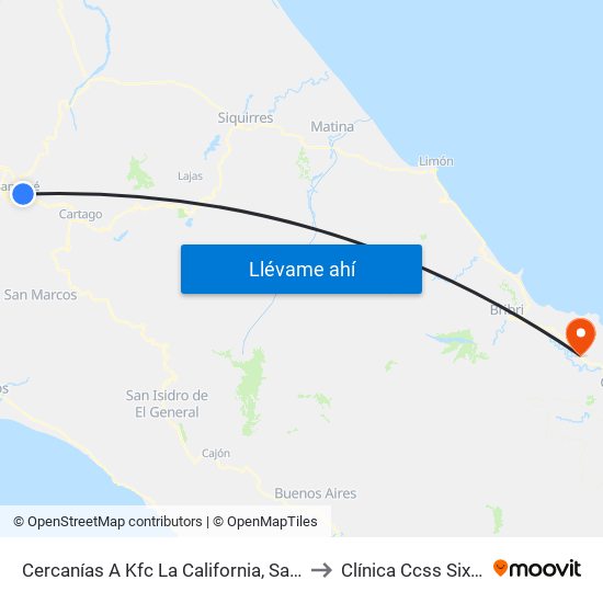Cercanías A Kfc La California, San José to Clínica Ccss Sixaola map