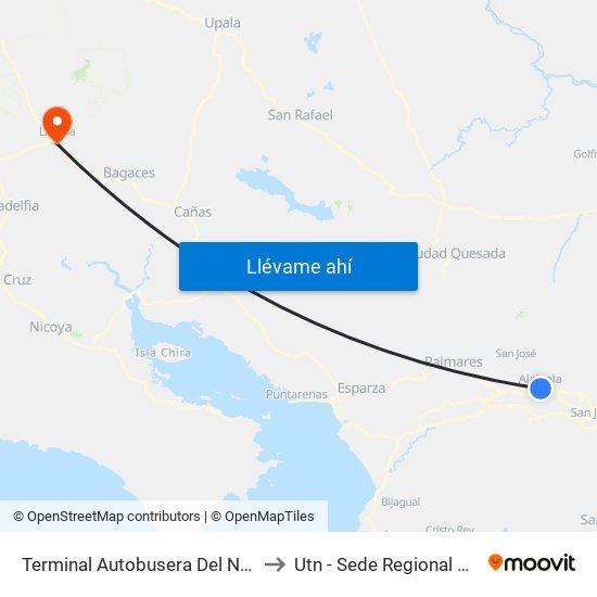 Terminal Autobusera Del Norte, Radial Francisco J. Orlich Alajuela to Utn - Sede Regional De Guanacaste - Recinto Liberia map